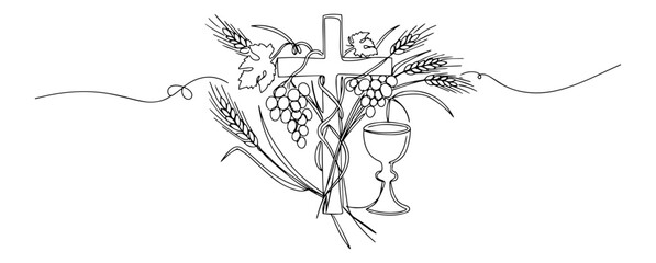 grapes and eucharist with dove and branches monoline art with simplicity