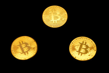 Three golden Bitcoin coins on a black background, symbolizing cryptocurrency and digital finance. The image highlights the growing relevance of Bitcoin in the financial world.