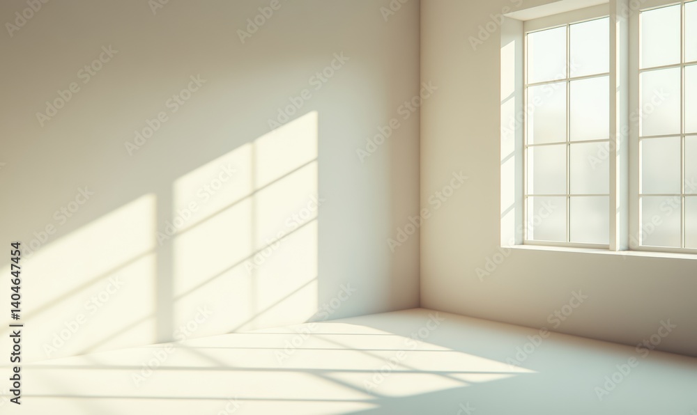 Poster a simple white room with a pattern of light slanting through the window...concept: minimal, modern, 