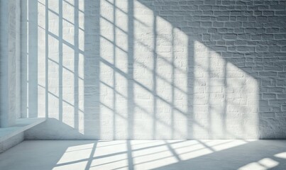 Obraz premium A white room with a sparse design, illuminated by diagonal window light...Concept: Minimal, modern, light, empty, shadow, architecture