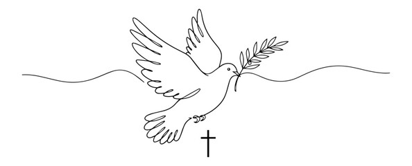 dove with branch and cross monochromatic line art design