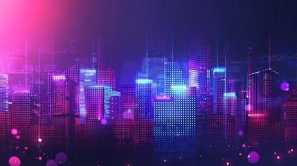 Fototapeta premium A cityscape with a purple sky and buildings lit up in neon colors