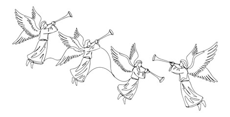 angels blowing trumpets in the sky monochromatic continuous-line art piece