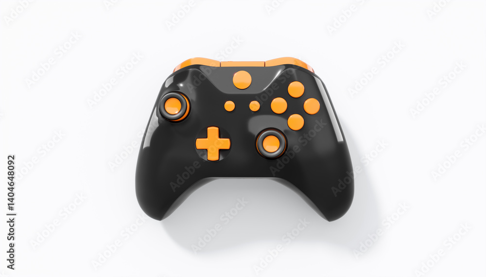 Poster realistic black video game joystick or gamepad with color buttons on white