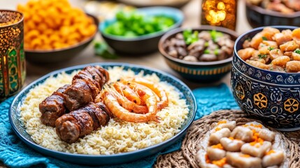 A luxurious dinner party features an elegant golden table setting, complemented by festive food, rich dishes, gourmet appetizers, and a delicious meal, all illuminated by warm lighting in an Arabian