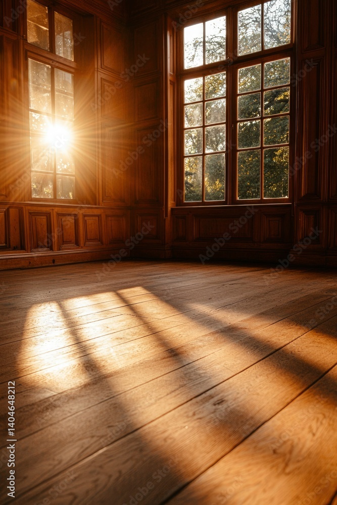 Poster sunlight streams through windows into a historic room with trees visible outside