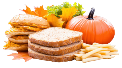 Delicious autumn feast with pumpkin, sandwiches, and french fries surrounded by colorful fall leaves and greens