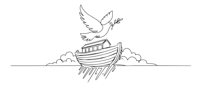 noah&rsquo;s ark with dove and olive branch monochromatic line art
