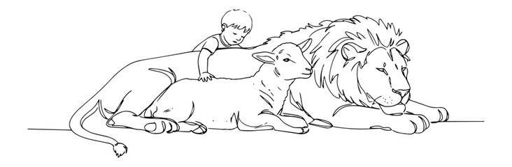 lion and lamb together modernist vector sketch exploring negative space as active design element
