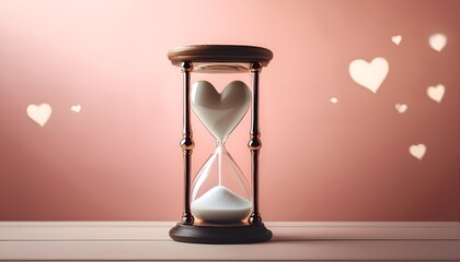 A minimalist and artistic hourglass with a unique heart-shaped top chamber, elegantly placed against a soft pastel pink background.