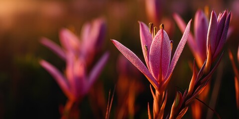 Obraz premium Wildflowers bloom in golden sunlight at dawn