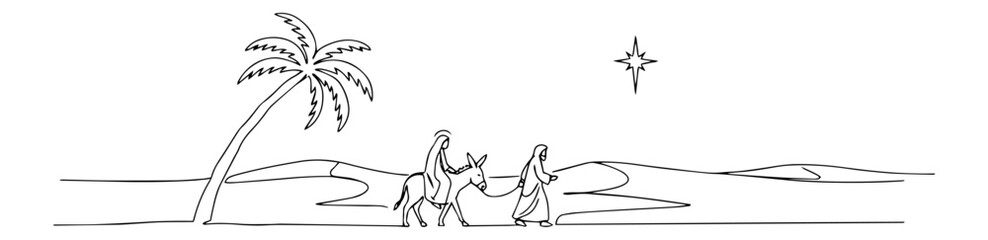 joseph walking through desert with pregnant mary on donkey to Bethlehem modern one line vector drawing of abstract linear sketch