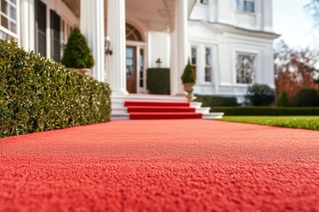 Fototapeta premium Red carpet entry to grand white manor, with shrubs, clear day for luxury events