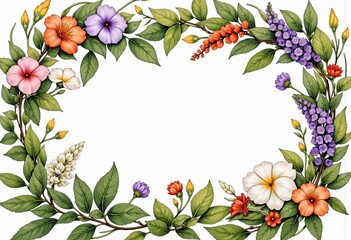 Fototapeta premium Floral wreath design with colorful flowers and green leaves 