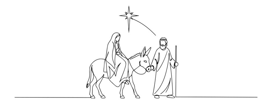 joseph leading pregnant mary on donkey modern line drawing, one line in linear vector style