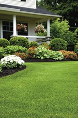 Naklejka premium Beautiful lawn and flowerbeds adorn front of home for summer sale advertising