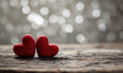 Obraz premium Romantic Red Glitter Hearts Wooden Background Valentines Day Love Festive Decoration Shiny Sparkling Beautiful Cozy Tender Affectionate Passionate 