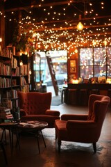 Relaxing cozy reading nook. Red armchairs face each other. Lights across ceiling