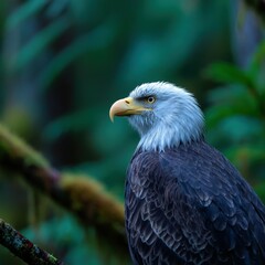 Obraz premium Bald eagle perched majestically amidst lush greenery