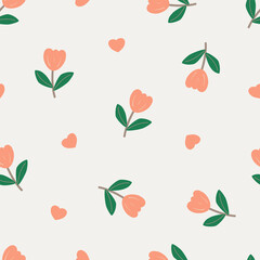 Tulip vector pattern, seamless repeating background, flat illustration. Pastel flower pattern with icons, floral wallpaper design for cards, fabric, wrapping, textiles, wallpaper, and stationery.
