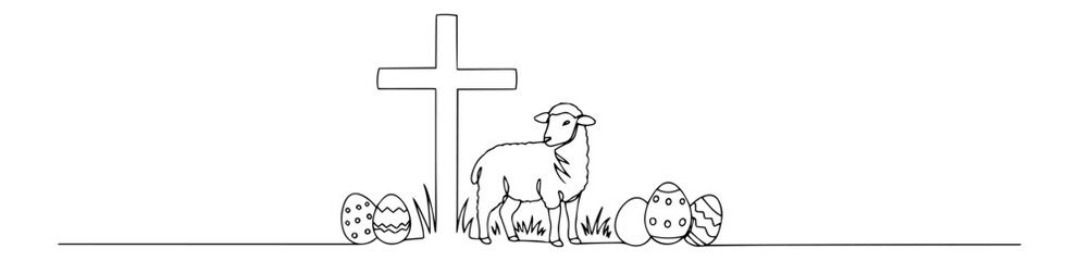 cross with lamb sitting nearby minimalist hand-drawn line art, abstract black contour sketch