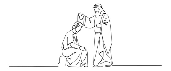 jesus healing kneeling man minimalist continuous line art illustration in black on white background