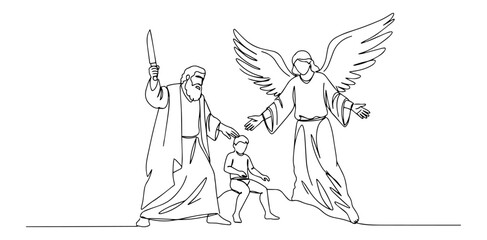 God tests Abraham and commands him to sacrifice his son Isaac minimalist black monoline vector illustration with a modern and abstract aesthetic approach