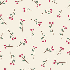 Vector Christmas holly berries and leaves seamless pattern background with hand-drawn elements. Xmas greeting card and design for fabric, scarves, scrapbooks, wrapping paper, and textiles.