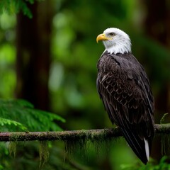 Obraz premium Bald eagle perched on a tree branch in lush forest