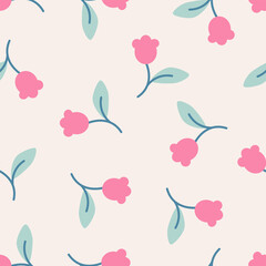 Tulip vector pattern, seamless repeating background, flat illustration. Pastel flower pattern with icons, floral wallpaper design for cards, fabric, wrapping, textiles, wallpaper, and stationery.