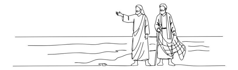 jesus calling the fishermen linear vector artwork