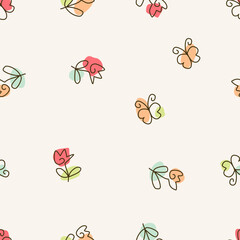 Cute floral seamless pattern with flowers and branches. Wildflower vector illustration in spring or summer. Elegant template for fabric, wallpaper, stationery, wrapping, card, and phone cases.