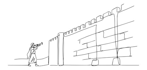 man blowing trumpet at city wall biblical scene hand-drawn monoline art
