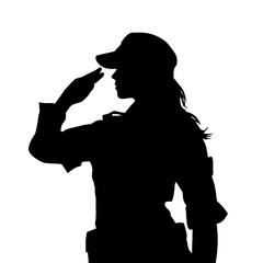 Silhouette simple, plate et minimaliste d&rsquo;une femme soldat saluant, de couleur noire, sur fond blanc