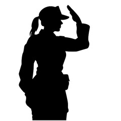Silhouette simple, plate et minimaliste d&rsquo;une femme soldat saluant, de couleur noire, sur fond blanc
