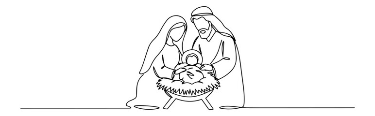 nativity scene with mary joseph and baby jesus elegant one-line sketch with a fluid design