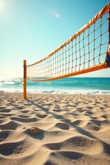 Beach volleyball net, sunlit sand, ocean view, game, leisure