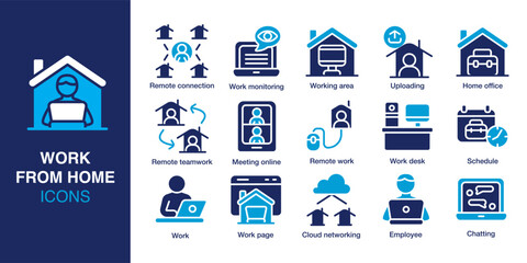 Work from home icon set. Containing remote work, video call, chat, home office, work desk, schedule and more. Solid vector icons collection. Vector illustration.