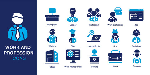 Work and profession icon set. Containing office, leader, waiter, chef, job seeker, employee and more. Solid vector icons collection. Vector illustration.