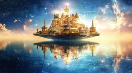 Obraz premium A golden floating city reflects its beauty on the still water