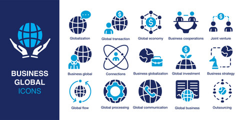 Business global icon set. Containing globalization, investment, global strategy, joint venture, communication, transaction and more. Solid vector icons collection. Vector illustration.