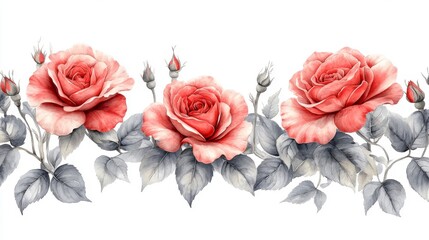 In a soft romantic watercolor painting, two deep crimson roses rest among delicate grey-green leaves, evoking a quiet elegance and gentle beauty