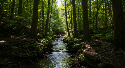 Obraz premium Forest stream flowing between trees with sunlight and green foliage
