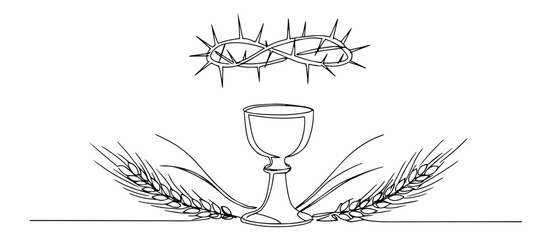 chalice with crown of thorns and wheat continuous line art