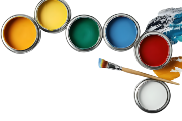PNG, Paint, cans of paint and painting tools, top view, with space for text, isolated on white background
