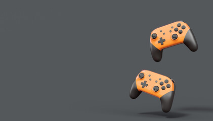 Realistic orange video game joysticks or gamepads on black background © Vasyl Onyskiv