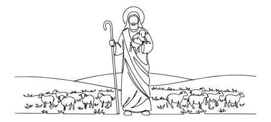 Obraz premium jesus shepherd with staff and sheep contemporary monoline vector art with elegant simplicity
