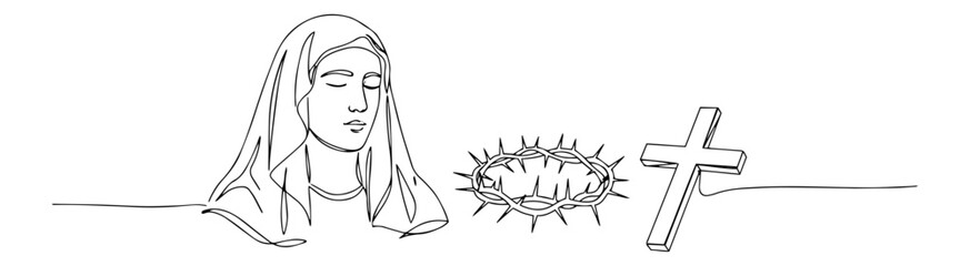 virgin mary with crown of thorns and cross clean line art style