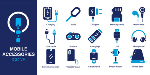 Mobile accessories icon set. Containing charger, USB cable, headphone, phone holder, speaker, smartwatch and more. Solid vector icons collection. Vector illustration.