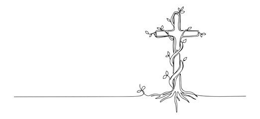 wooden cross with roots and climbing vine black-and-white vector line drawing © Wieslaw